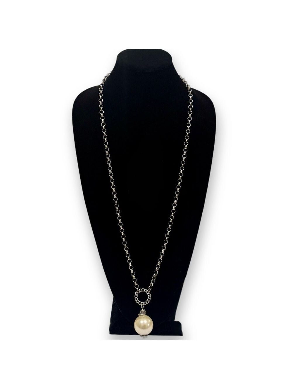 CHICO’S Classic Silver-Tone Long Oversized Pearl Pendant Necklace | NWT